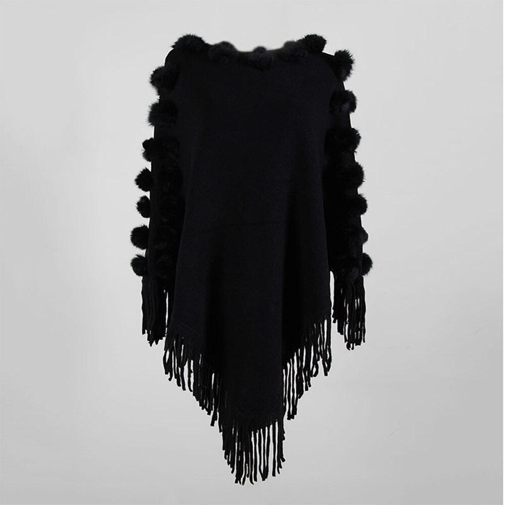 Kvinnor päls boll tofsar poncho tröjor enfärgad hel ärm stickade capes höst vinter lösa tröjor oregelbunden tröja mantel: Svart