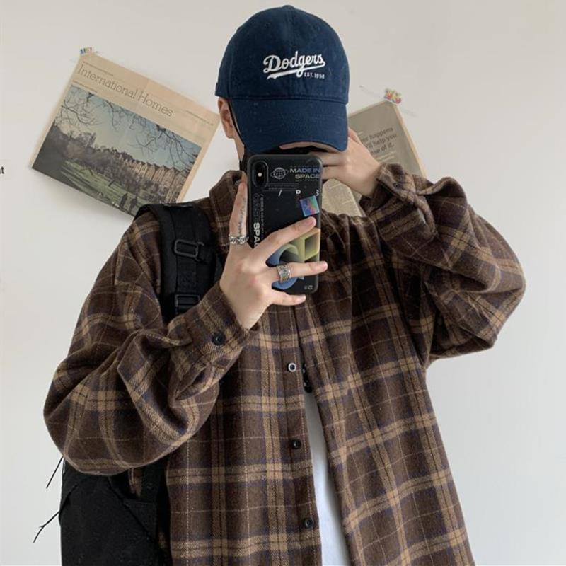 Korean Clothes Retro Thick Woolen Plaid Shirt Cotton Long Sleeve Turn-down Collar Brown Casual Loose Harajuku Couple Clothing