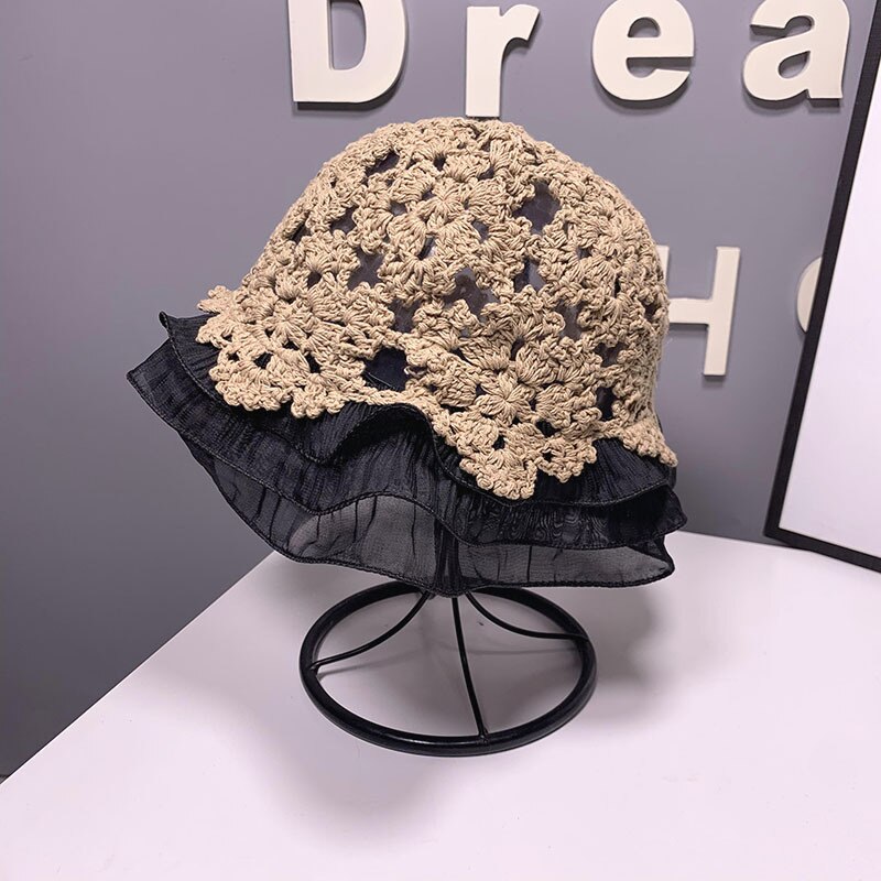 Women Lace Knitted Fisherman Hat Hollow Bucket Hat Crochet Hat Lace Flower Cute Sweet Romantic Sun Hat: khaki