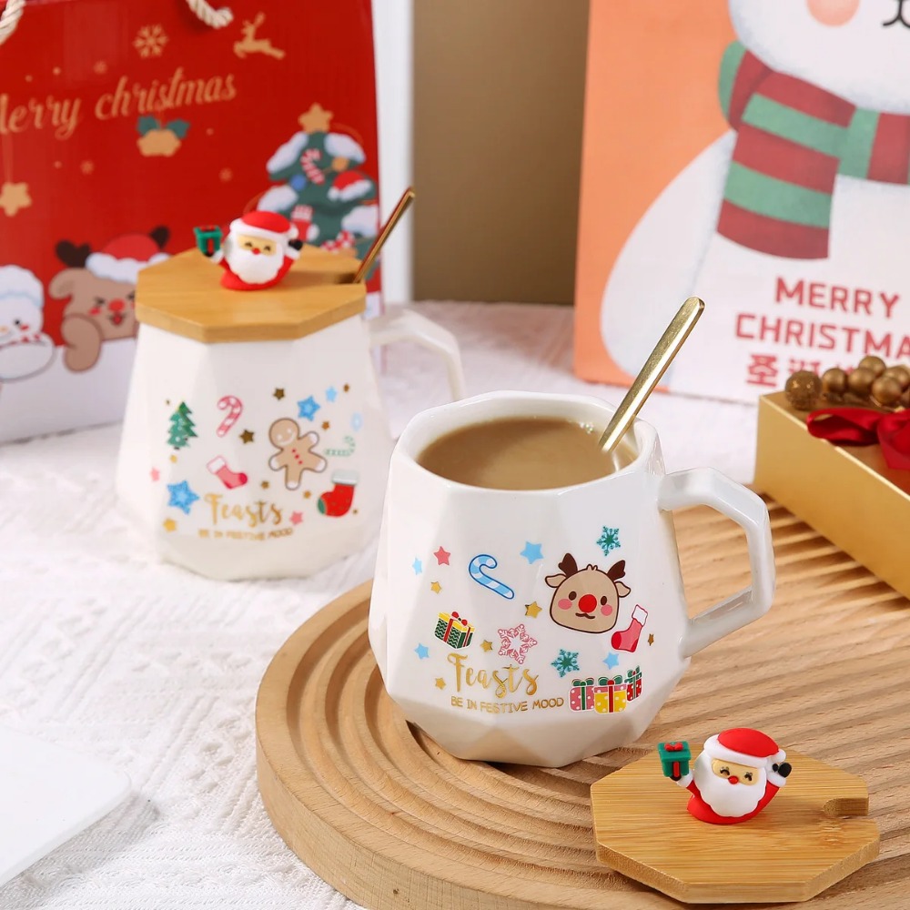 Christmas Set:Ceramic Mug with Lid Spoon Set Mug Box Featuring Santa Claus for Office or Home Use CoffeeCups