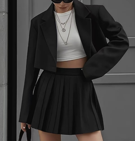 Elegante kurze Blazer-setzt für Damen, bauchfreie Blazer, Jacken und modischer Falten-Minirock, 2-teiliger Anzug für weibliche Outfits, Streetwear: XL / Schwarz