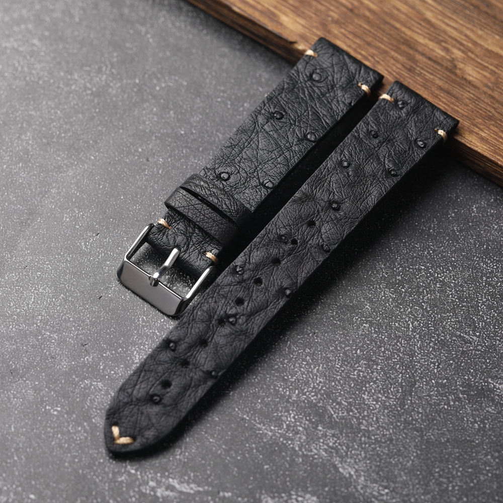Bracelet de montre en cuir d'autruche Ultra-fin fait à la main 18 19 20 21 22MM Bracelet souple noir pour hommes Bracelet en cuir de Style Vintage