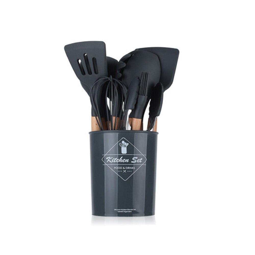 Silicone Non-stick Cooking Utensils Set Cookware Wooden handle Egg Beaters Shovel Spoon Soup Kitchen Tools Accessories Easy Wash: Dark Grey