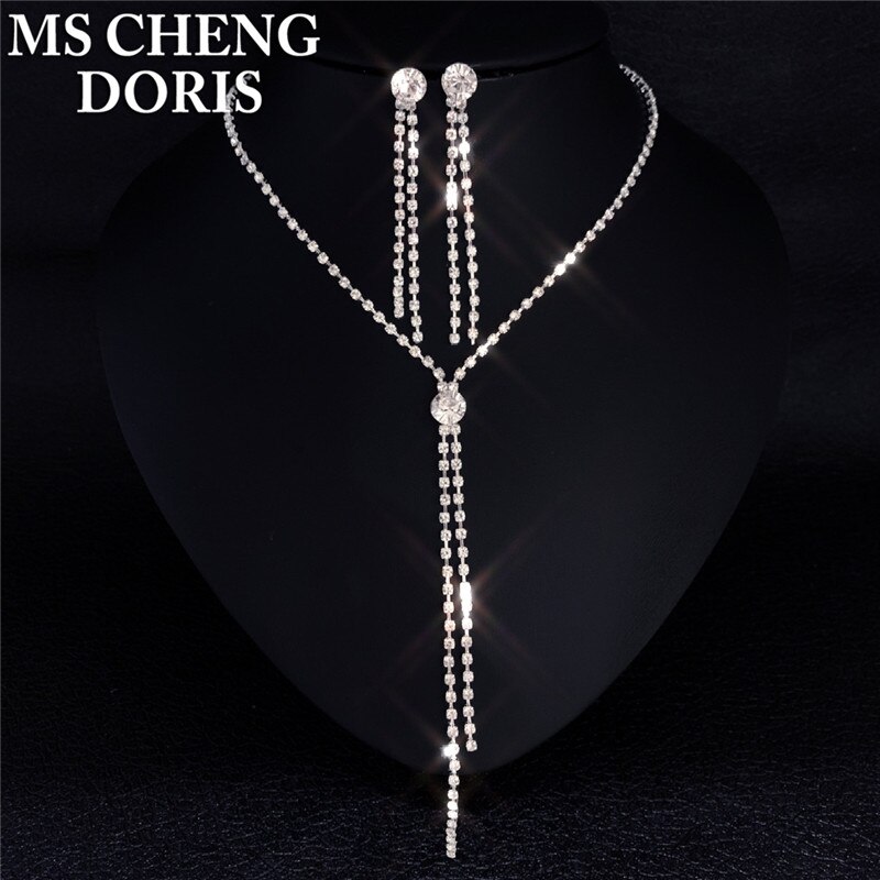 Darmowa wysyłka AB kryształ górski zestaw biżuterii ślubnej na ślub bal akcesoria imprezowe długi naszyjnik z frędzlem zestaw kolczyków dla narzeczonych