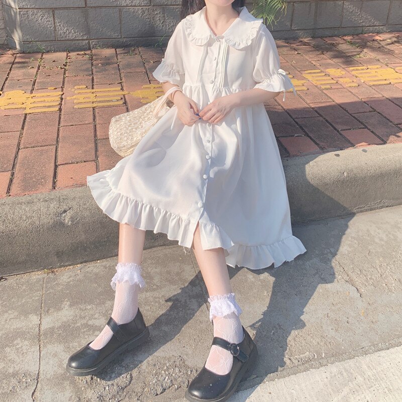 Zomer Japanse Zoete Schattige Pop Kraag Lolita Jurk Gothic Victoriaanse Wit Angel Kawaii Lolita Dagelijkse Jurken Party Kostuums