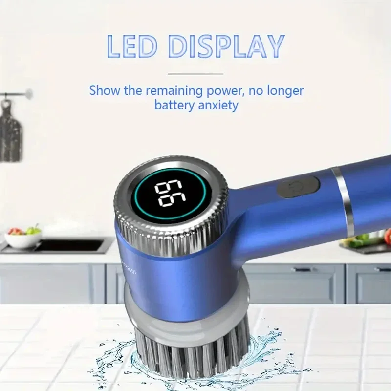 Elektrische reinigingsborstel Multifunctionele keuken Badkamer Toilet Draagbare krachtige schone borstel 5-opzetborstels LED-display