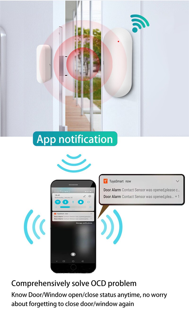 1/2/3/4Pcs Smart WiFi Door Sensor Tuya Window Detectors Home Security Alert APP Smart Life,Voice Control for Alexa Google Home