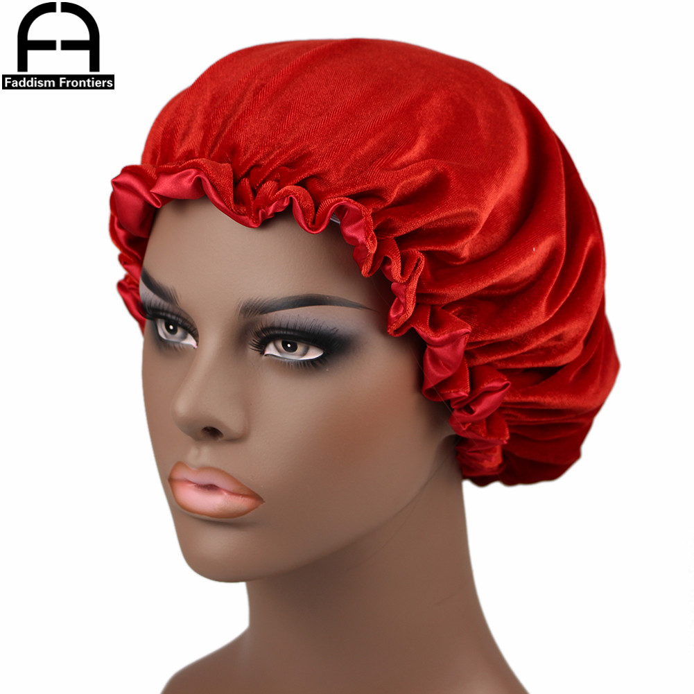 Reversible Velvet Bonnet Satin Lined Elastic Band Bonnets Sleeping Cap Women Lady Turban: Red