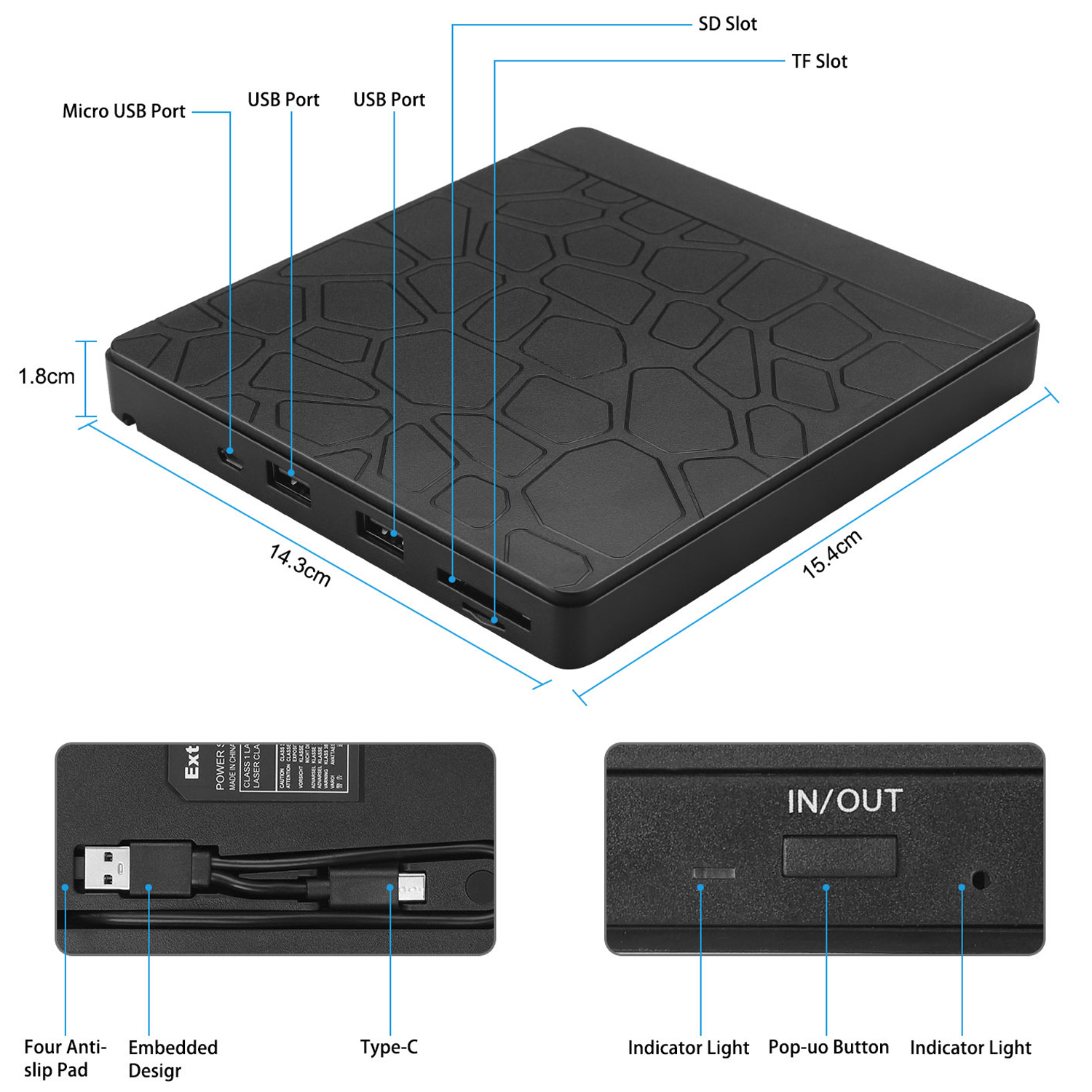 Hannord CD/DVD Optical Drives External +/-RW ROM USB 3.0 Type-C 5in1 Slim Portable Drive Reader External Burner with SD TF Slot