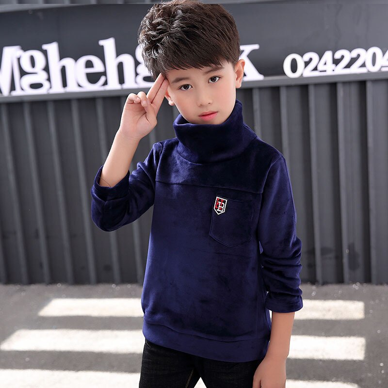 Plus velours enfants t-shirt haut-col hauts pour enfants hiver garçons sweats à manches longues garçons t-shirts adolescent bas: Bleu / 10