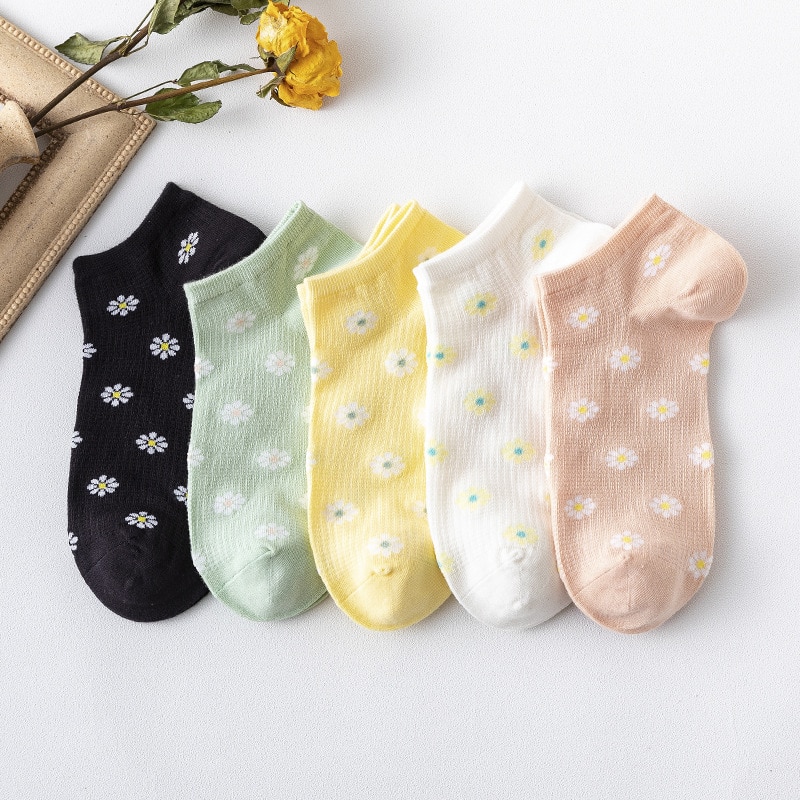 small fresh chrysanthemum socks spring and summer breathable thin cotton socks female spot boat socks