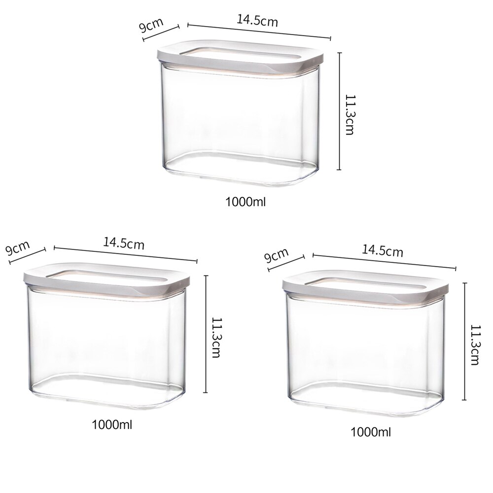 Contenedor de almacenamiento de cocina, refrigerador de cocina, caja de fideos, cereales, fruta seca, tanque de almacenamiento de aperitivos, tanque sellado transparente: 3 pcs 1000ml