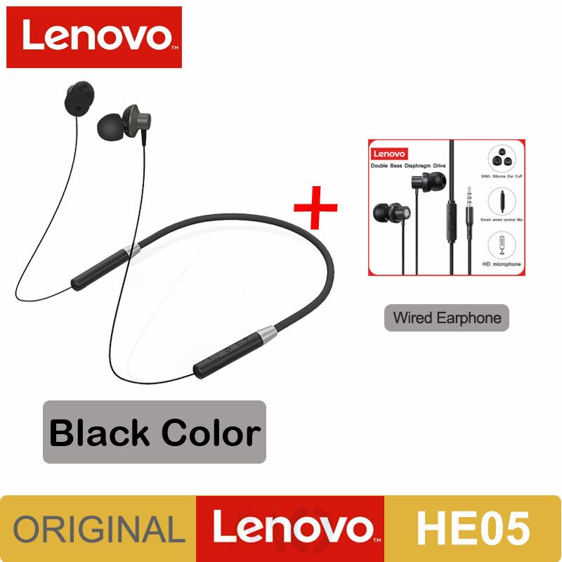 Original Lenovo HE05 Bluetooth 5.0 Wireless Magnetic Neckband Running Sports Earphone Earplug with Waterproof Noise Canceling: HE05 Black add TW13