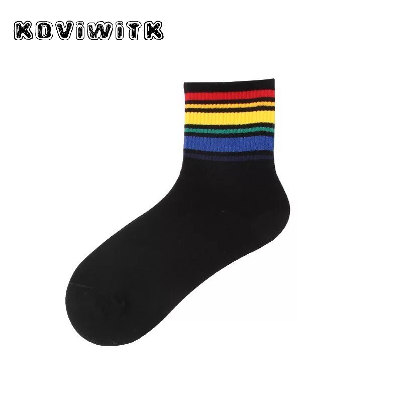 Vinter regnbåge randiga bomullsstrumpor för kvinnor svart/vit sport tjejer college stil strumpa trendiga vilda harajuku rolig konst varm sox: Svart tjock remsa