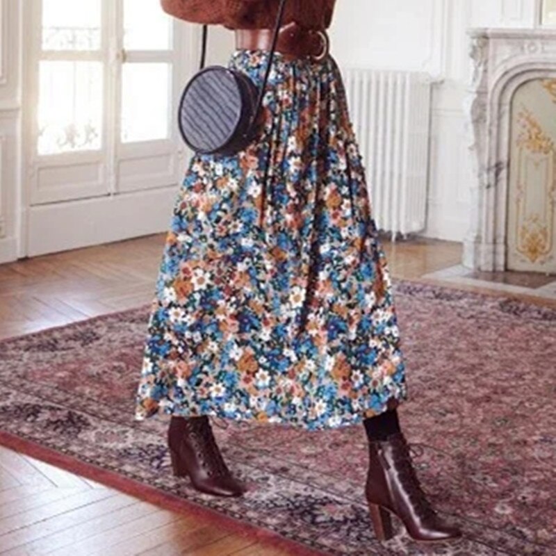 Falda Midi de algodón con estampado Floral para mujer, faldas largas con estampado de flores coloridas,