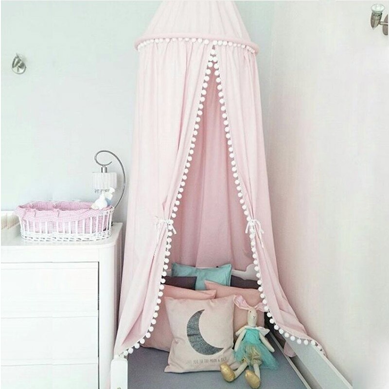 Baby Baldachin Moskito Netz Mädchen Babybett Krippe Bett Hängen Zelt PomPoms Spielen Zelt