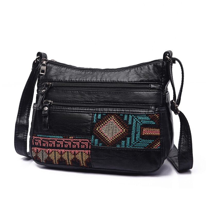 Annmouler Brand Women Crossbody Bag Soft Shoulder Bag Washed Leather Women Purse Patchwork Small Bag Tribal Flap Bag