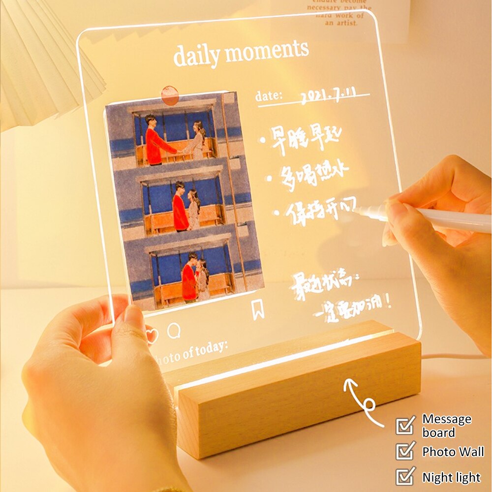 Clear Writing Board Acrylic Message Board With Triangle Base Luminous Base Erasable White Pen Decoration