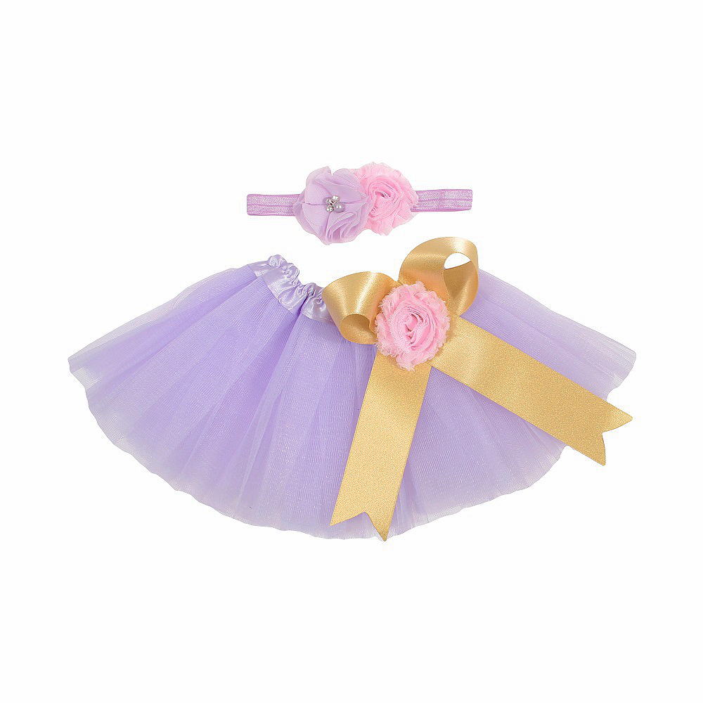 Baby Girl Skirt Newborn Tutu Skirt +Headband Outfit Set Photo Shoot Prop Floral Mesh Peincess Skirts Birthday 0-2 Year: Paars