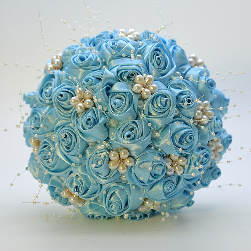 Ivory Wedding Bouquets Pearls Beaded Bridal Bouquet Bridesmaid Holder With Ribbon Rose Flowers Bouquets: Water Blue