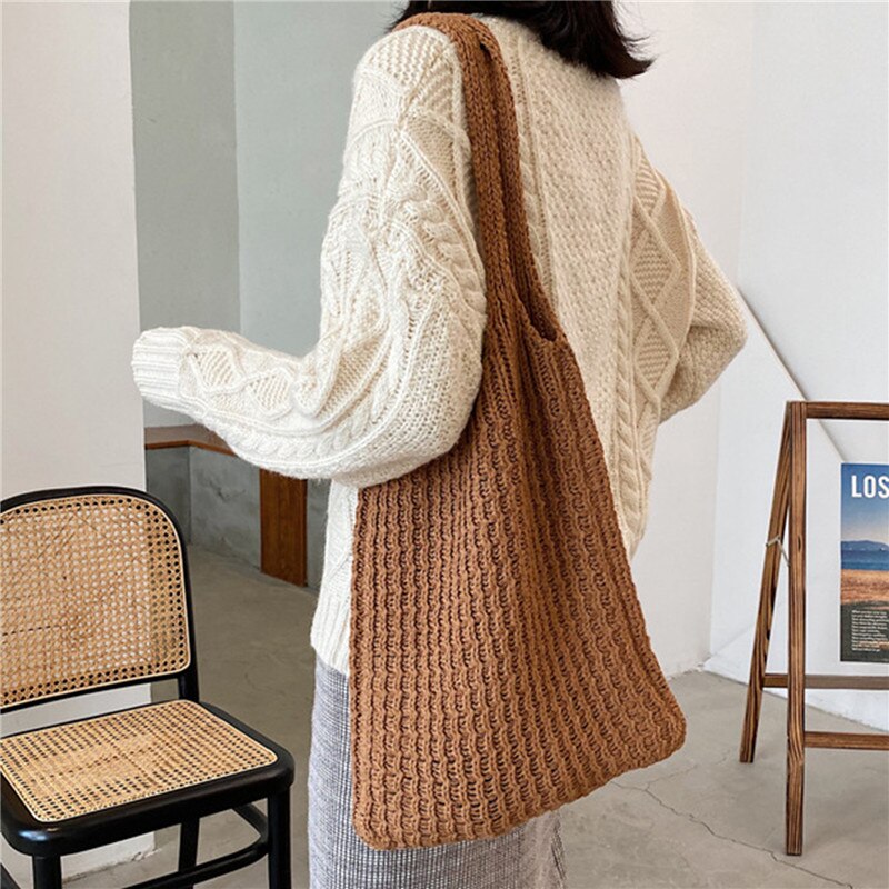 Gebreide wollen schoudertas voor dames, vintage katoenen tas voor meisjes, grote dameshandtas
