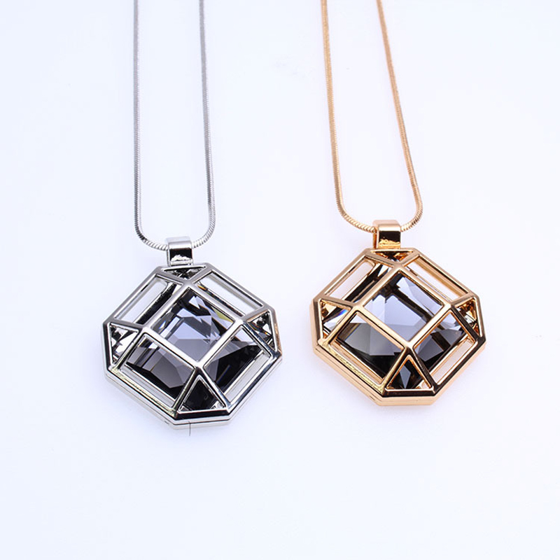 ELIfashion Octagon Shape Cage Rhinestone Inside Pendant Necklace Long Chain Jewelry For Women In Winter 2 Colors Choice