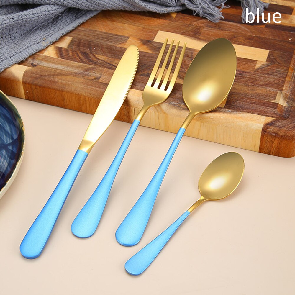 Gold Cutlery Set Stainless Steel Cutlery Western Dinnerware Set Kitchen Knives Spoon Pink Set Steel Cutlery Set: blue