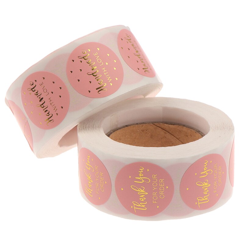500 Uds = 1 rollo de pegatinas de etiqueta rosa papel bonito círculo etiquetas de sello gracias por su orden y pegatinas hechas a mano de 1 pulgada