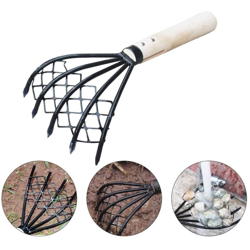 Sturdy Compact Claw Rake with Mesh Net 5-Tine Clamming Claws Long Handled Shell Clam Digger 15 Inch Hand Rake