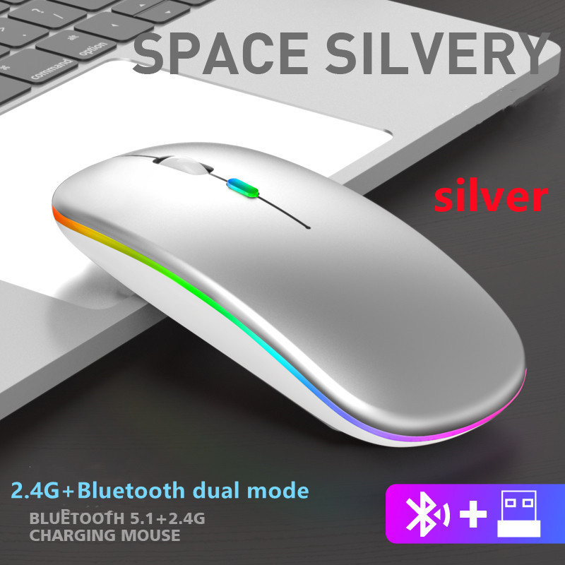 Wireless Mouse Rechargeable Bluetooth Mouse Wireless Computer Silent Mause LED Backlit RGB Ergonomic Gaming Mouse For PC ipad: Silver