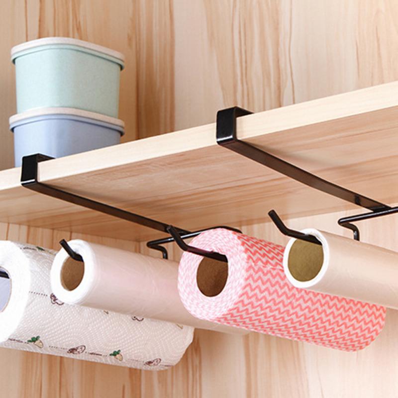 Kitchen Under Shelf Storage Rack Cupboard Tissue Paper Holder Nail-free Paper Towel Rack Rag Hanger Double Row Rag Firm Frame