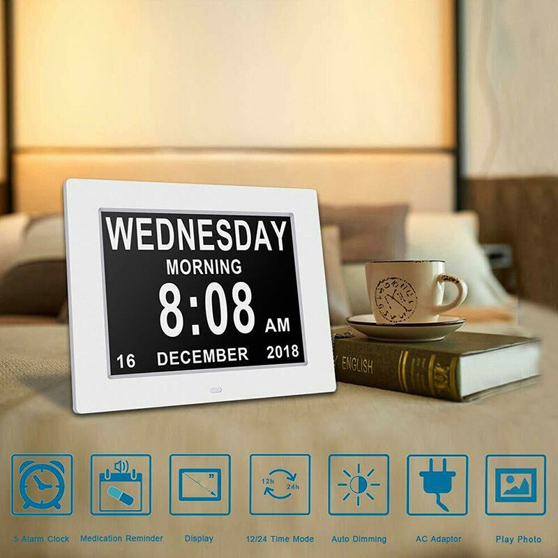 7 " Digital Day Clock LED Calendar Day/Week/Month/Year Electronic Alarm Clock for Impaired Vision People Home Decor