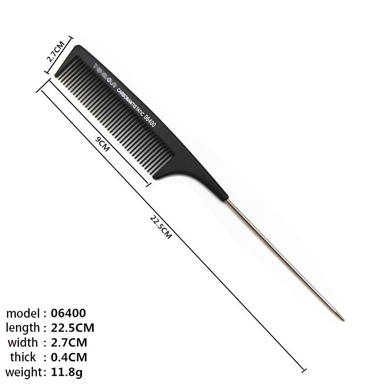 Peine de pelo liso negro con pasador de Metal, antiestático, cola de rata, herramienta de peinado para belleza, 1 Uds.: 06400