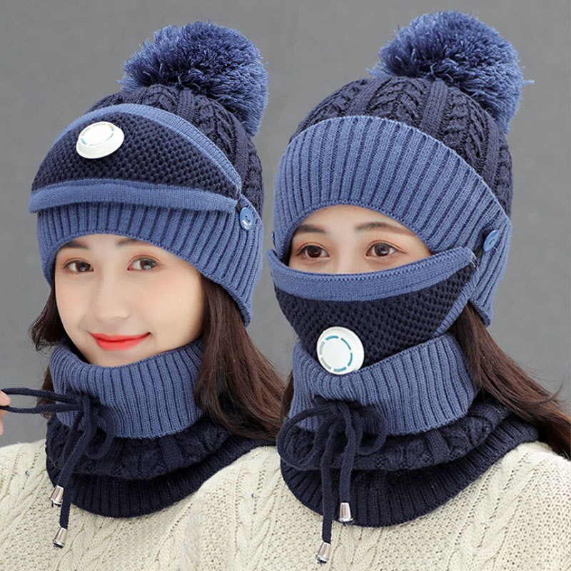 Outdoor Cycling knitted Hats Autumn Winter Knitted Hat Kit With Breathing Mask Thickened Warm Cap 3 in 1 Woman Hat Set: 1