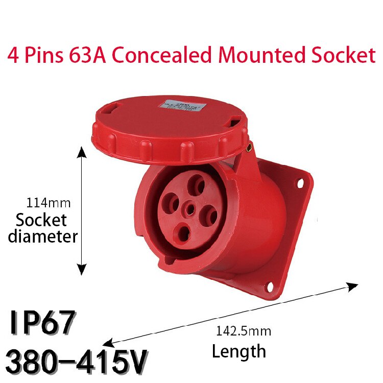 Industrial Plug Socket Waterproof Aviation Explosion-proof Connector Surface And Concealed 3 4 5 Core Pins 63A/125A IP67: 4 Pins 63A Concealed
