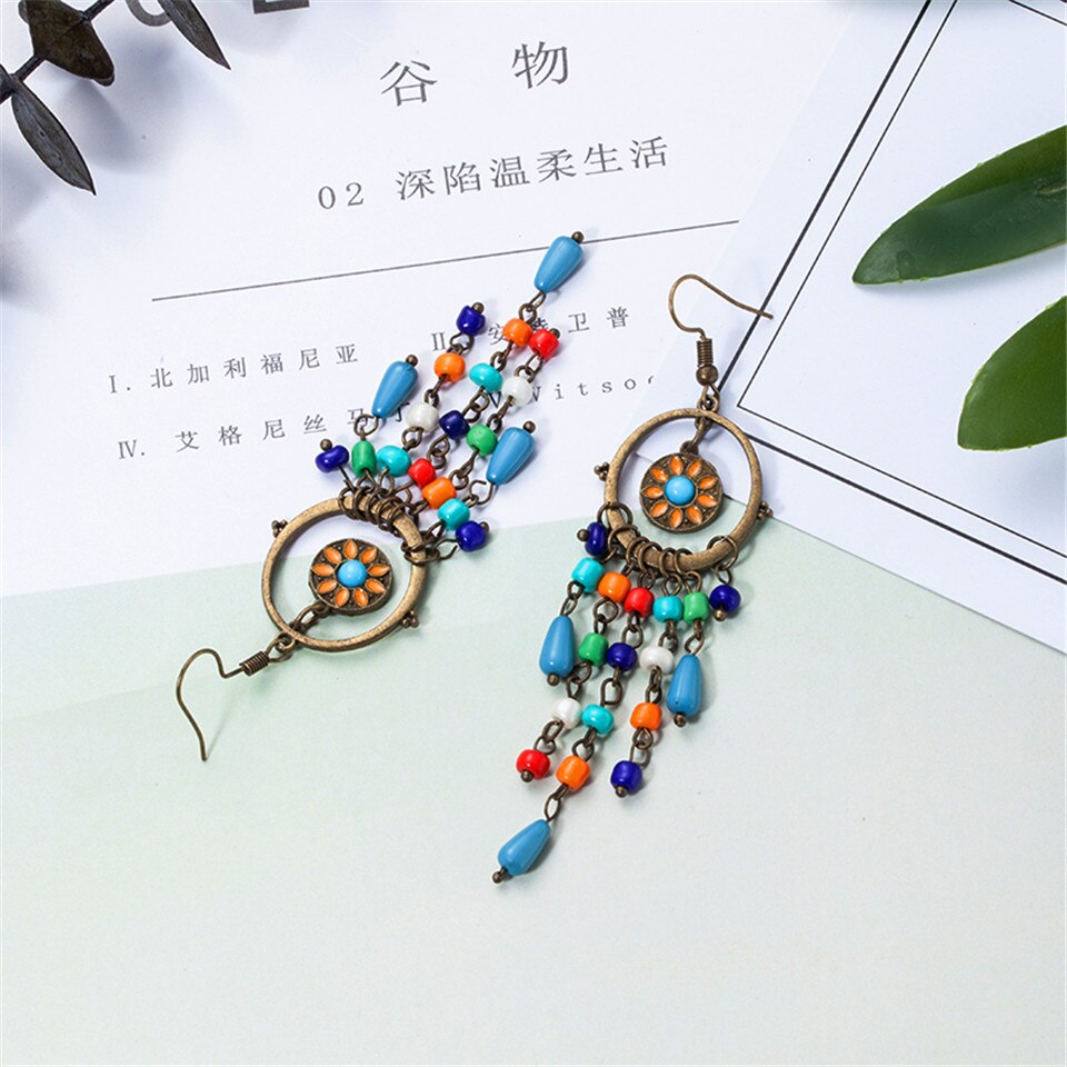 Bohemian long acrylic beads tassel earrings jewelry Boho ethnic round sun flower pendant dangle earrings for women