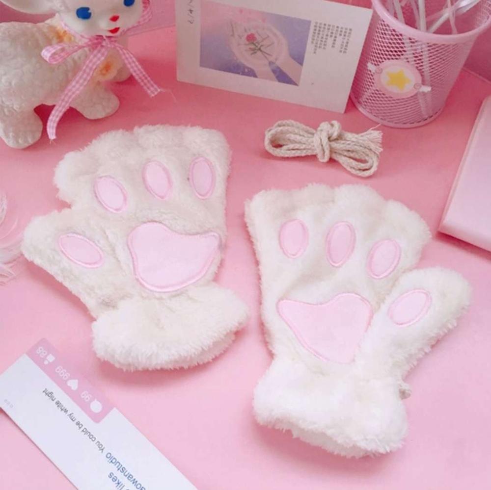 Kat Klauw Handschoenen Leuke Cartoon Kat Meisje Vingerloze Handschoenen Verdikte Pluizige Beer Poot Half Vinger Handschoenen: WHITE