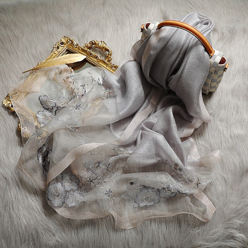 Kvinder silkeuld blomster broderi foulard pashmina hijab sjaler indpakning luksus solid kashmir vinter tørklæder: Sm -1- grå