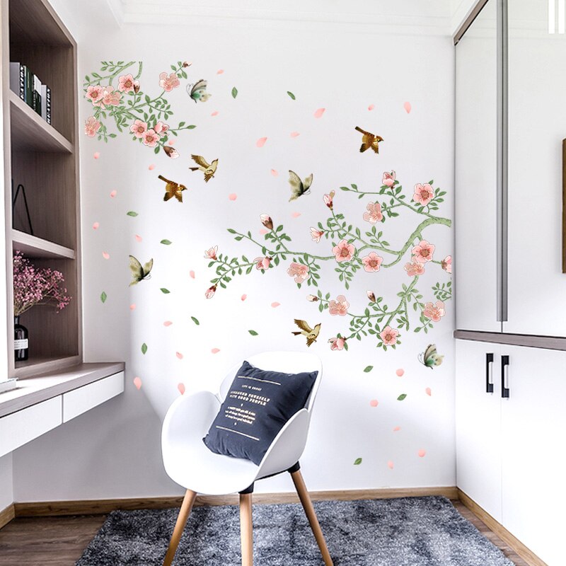 Blomst fugl stue soveværelse badeværelse glasdør dekoration vægmaleri selvklæbende aftagelige miljøvenlige wallstickers mærkater  dc28