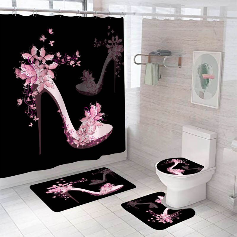 Set di tende per doccia da bagno impermeabili con 12 ganci tappetini da bagno e tappeti per wc: 4pc- Full Set