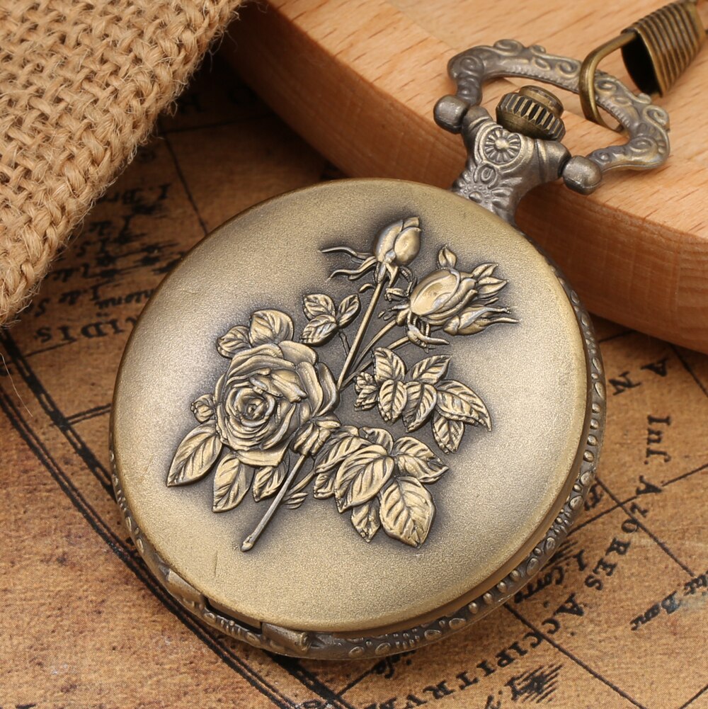 Antiek Brons Rose Bloemen Volledige Hunter Quartz Zakhorloge Steampunk Ketting Retro Trui Hanger Klok Mannen Vrouwen