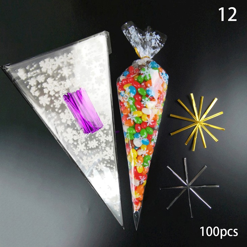 100pcs Transparent Süßigkeiten Verpackung Taschen Hochzeit Geburtstag Party Dekoration Süße Zellophan Candy Tasche Kegel Lagerung Verpackung Tasche: L
