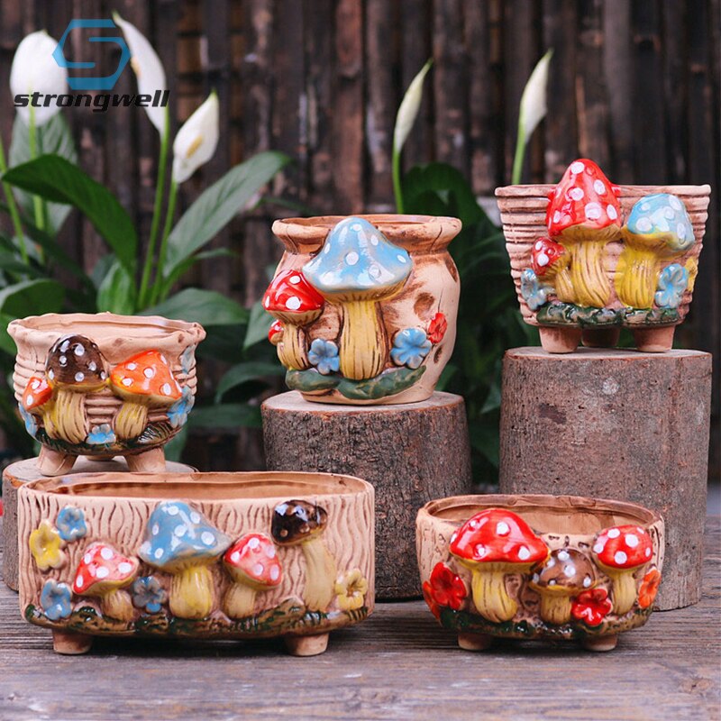 Strongwell Home Decoration Planter Mushroom Stoneware Succulent Flower Pot Living Room Decoration Planter Vintage Handicrafts