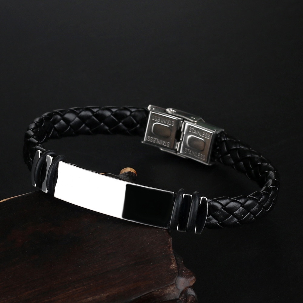 Retro boho Black Braid Woven Leather Stainless Steel Bracelet Men Bangle Men Jewelry Vintage Couple