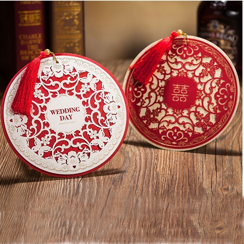 Wedding Invitations Card Chinese Style Diameter Floral Envelope Pure Love Red White Round Party Supplies