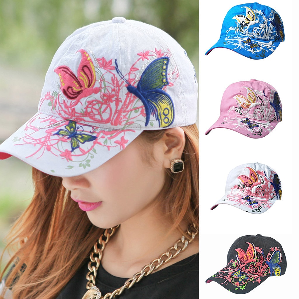 # H30 2020 nova feminino boné de beisebol feminino borboleta ao ar livre ajustável branco rosa preto bordado chapéus femininos verão