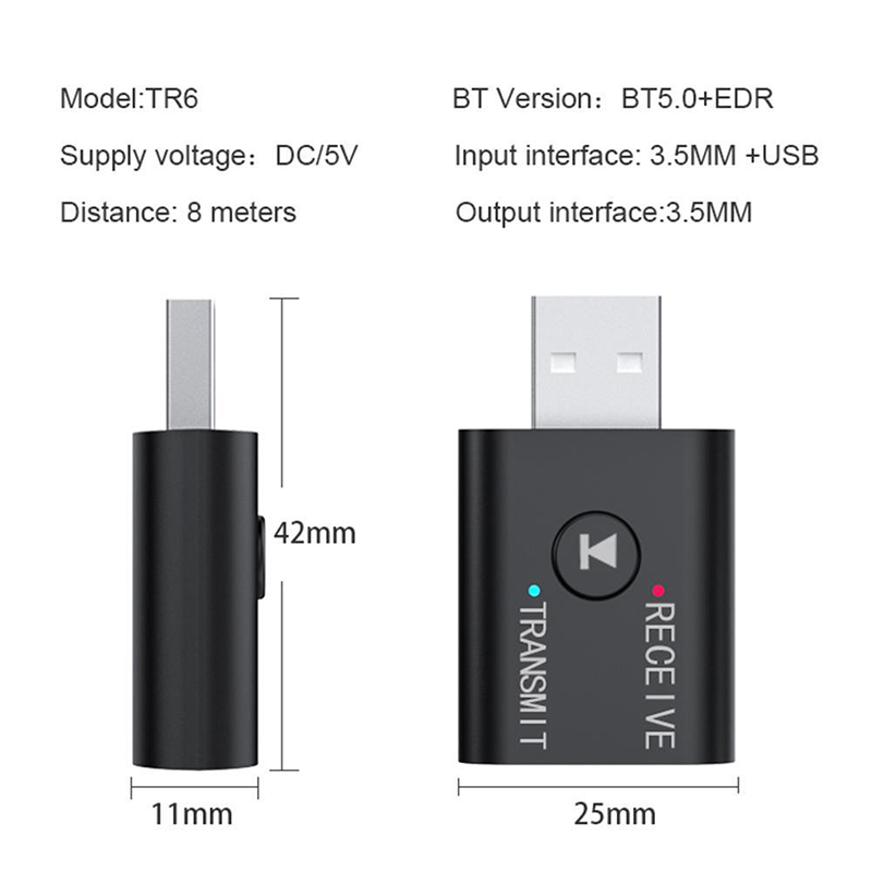 Receptor de áudio sem fio e transmissor, dupla função adaptador, Dongle USB, alto-falante, fone de ouvido, carro, BT5.0