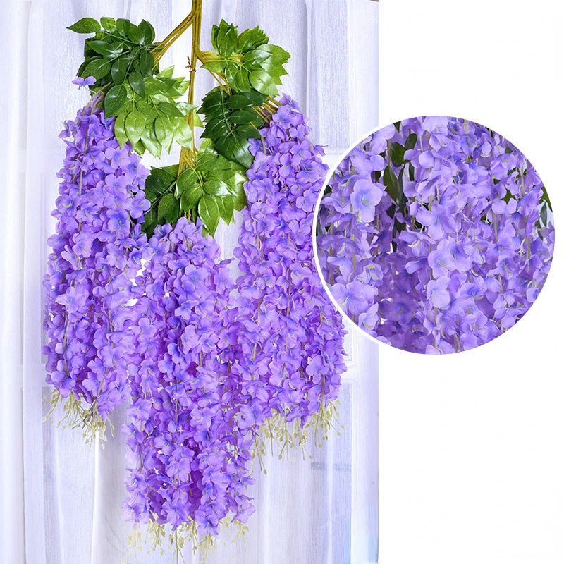 12 pçs flores artificiais de glicínias ratta extra longo grosso videira pendurado guirlanda de seda glicínias para festa em casa decoração de casamento: Violeta