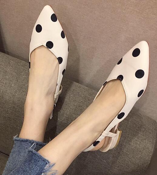 pointy toe cloth polka dot sandals brand shallow buckle slingback low heel women sandales trendy fairy dress shoes femme: apricot / 6.5