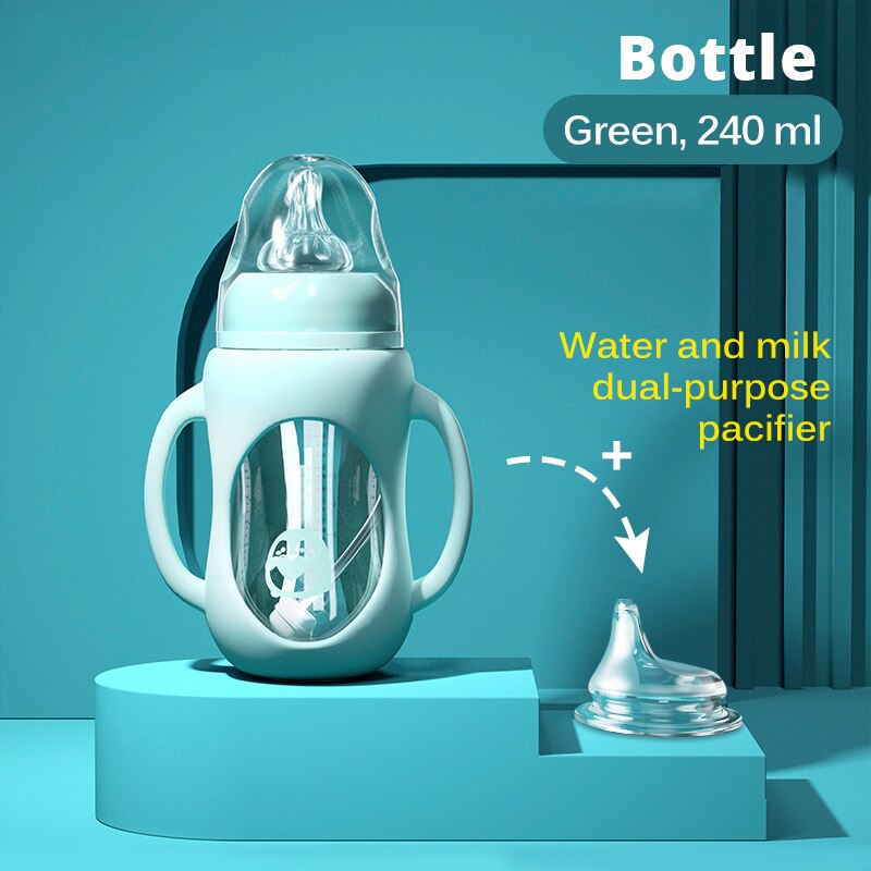 Baby flasche Glas Dual Verwenden und freundlicher Trinkbecher Flasche Griff Griff für Natürliche Breite Mund PP Glas Silikon griff: Grün 180ML Tasse Kopf